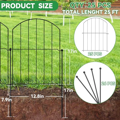 GOTGELIF Decorative Garden Fence 25 Panels, 17''(H) x26.7FT(L) Arched No Dig Animal Barrier with 26 Rustproof Stakes - Metal Dog Fence for Small Pets, Yard & Patio Border, Easy Install & Sturdy Design - size: 17" X 26.7FT