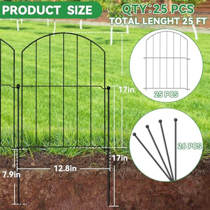 GOTGELIF Decorative Garden Fence 25 Panels, 17''(H) x26.7FT(L) Arched No Dig Animal Barrier with 26 Rustproof Stakes - Metal Dog Fence for Small Pets, Yard & Patio Border, Easy Install & Sturdy Design - size: 17" X 26.7FT