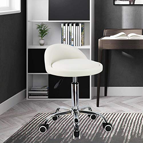 KKTONER PU Leather Round Rolling Stool with Back Rest Height Adjustable Swivel Drafting Work SPA Task Chair with Wheels (White) - color: White