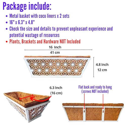 LaLaGreen Window Boxes Planter (2 Pack, 16 Inch) White Metal Rectangular Wall Planters with Coco Liner, Horse Trough Deck Railing for Outdoor Plants Holder, Modern Rail, Balcony, Fence, Porch Patio - size: 16" (41cm) x 2 pack