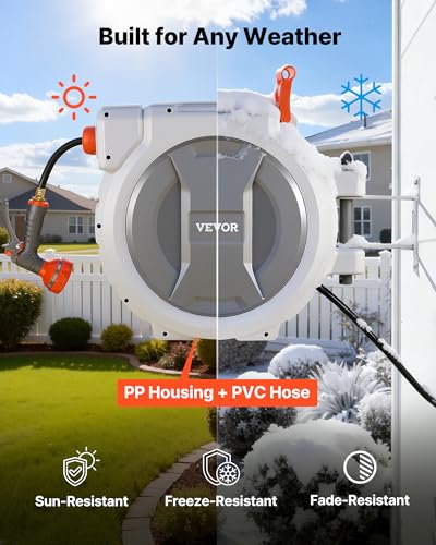 VEVOR Retractable Garden Hose Reel, 1/2 in x 130 ft, Wall Mounted Hose Reel with 9-Function Sprayer Nozzle and 180° Swivel Bracket, Any Length Lock, Automatic Slow Rewind System, for Garden Watering - size: 1/2 in x 130 ft