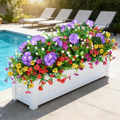 Hrobek Artificial Flowers for Outdoors Faux Plants Outside Indoor - color: 7 Color Mixed(1 Purple Geranium,3 White Boxwood,2 Red,2 Lt. Purple,2 Yellow,2 Hot Pink)