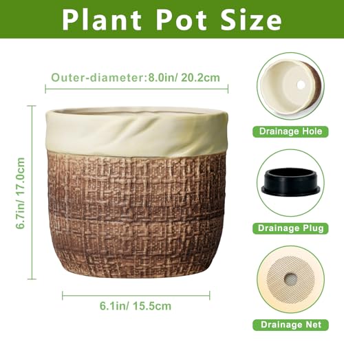 Ceramic Pots for Plants, 8 Inch Plant Pot, Round Planters, Brown - color: Brown, size: 8 Inch