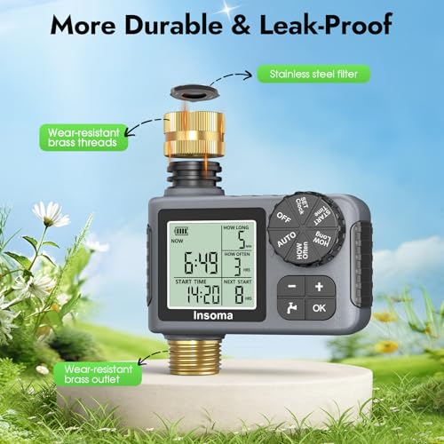 Sprinkler Timer with Brass Inlet & Outlet, Water Timer for Garden Hose with Auto/Manual/Rain Delay Mode, Easy Setup Hose Timers for Lawn, Garden, Vacation Watering,1 Outlet - size: 1-Zone-TT