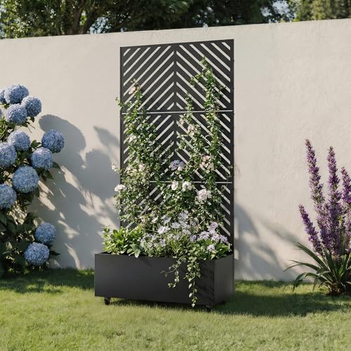 Metal Raised Garden Bed with Trellis and Wheels, 71"x35"x16" (Black-Arrow) - color: Black-arrow, size: 71"x35"x16"