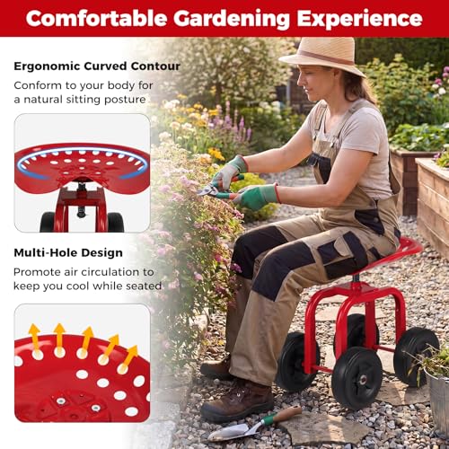 IRONMAX Garden Cart with Adjustable Seat & 4 Flexible Wheels, Red - color: Red