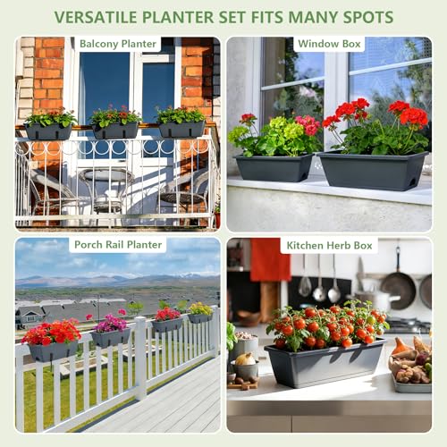 OYEAL Deck Railing Planter Boxes 4 Pack Hanging Window Flower Boxes Outdoor - color: Grey & Black
