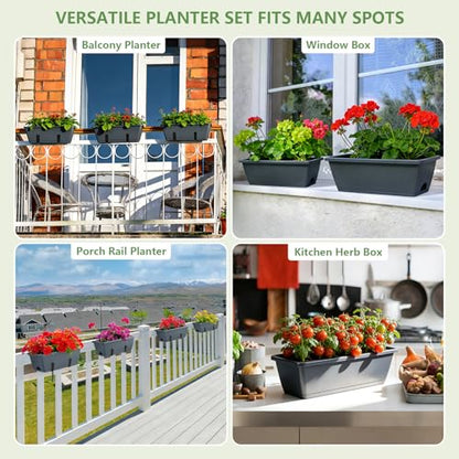 OYEAL Deck Railing Planter Boxes 4 Pack Hanging Window Flower Boxes Outdoor - color: Grey & Black