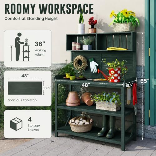 Garden Potting Bench, 65 Inch Wooden Patio Workstation with Storage (Greeen) - color: Greeen