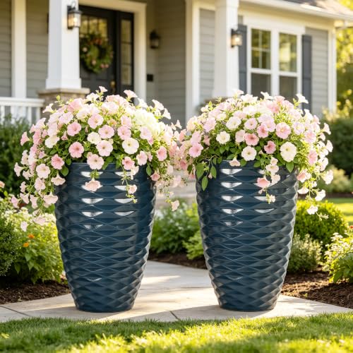 19" Wavy Ceramic-Look Outdoor Planters for Plants Set of 2 Tall Pots - color: 19"h-navy Blue Wavy