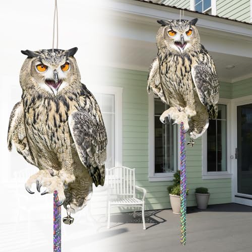 Owl to Keep Animals Away, 2 Pack Hanging Plastic Flat Fake Owl with Reflective Tape to Keep Woodpecker Animals Away for Garden Patio Deck Orchard Trees Porch and Windows - color: 2pcs-brown