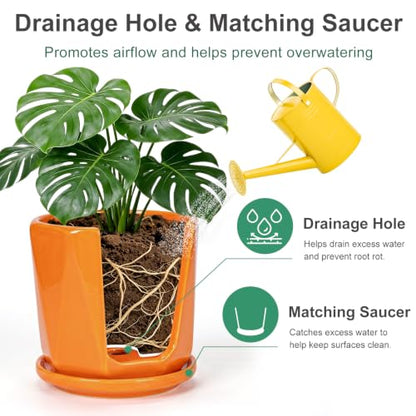 Ceramic Plant Pots Set of 3, Indoor Planter with Drainage Holes and Saucers - color: 2-orange
