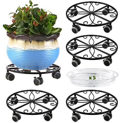 Planterhoma 5 Pack Plant Caddy with Wheels & Saucers, 11.8" Heavy Duty Metal Rolling Plant Stand, Plant Dolly with Lockable Casters, Rustproof Iron Planter Mover for Indoor Outdoor, Black - size: 11.8 Inches - 5 Pack