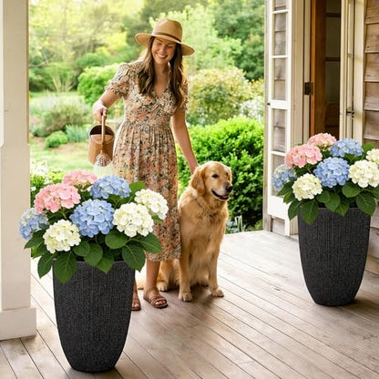 2-Pack 19" Black Resin Tall Round Planters with Fluted Texture - color: 19"h-black Fluted