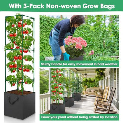 3 Pack Tomato Cage for Garden, Upgraded Fiberglass Garden Trellis with 3 PCS Grow Bags, Square Tomato Planter Support Garden Cages for Cucumber Vegetables Vertical Climbing Plants - color: 3 Tomato Cages + Bag