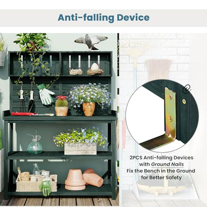 Outdoor Potting Bench Table with Storage, Farmhouse Wood Garden Tables with Storage Shelves and Side Hooks, Potting Tables for Outside, Patio, Backyard, Easy Assembly, Dark Green - size: 65'' Dark Green