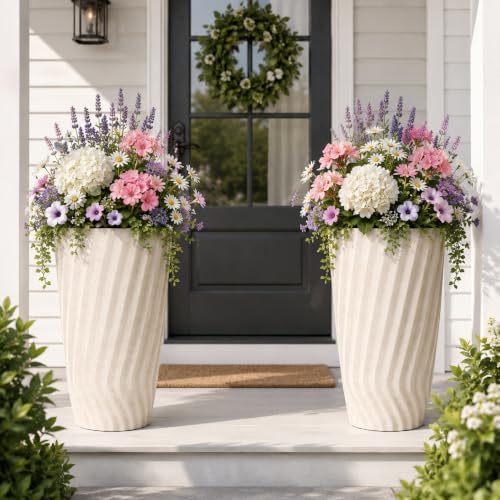 24" Resin Tall Outdoor Planters, Vintage Ivory Wavy Flower Pots - color: 24" H-vintage Ivory Marble Texture