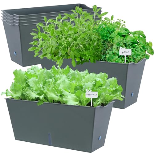 Window Box Planter 6 Pcs, 16.5 Inches Self Watering Rectangle Flower Plant Pots with Drainage Holes Trays, Vegetable Planters for Windowsill Patio Garden Balcony Porch Yard (Dark Green) - color: Dark Green, size: 16.5*7.1*7.1 inch