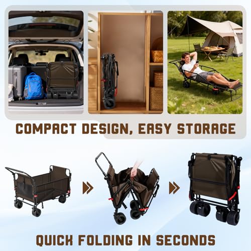 LEVELEVE Heavy Duty Folding Wagon - 2-in-1 Collapsible Cart, All-Terrain Wheels w/Brakes & Side Pockets (Brown, 650lb Capacity) - color: Brown, size: Large