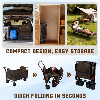 LEVELEVE Heavy Duty Folding Wagon - 2-in-1 Collapsible Cart, All-Terrain Wheels w/Brakes & Side Pockets (Brown, 650lb Capacity) - color: Brown, size: Large