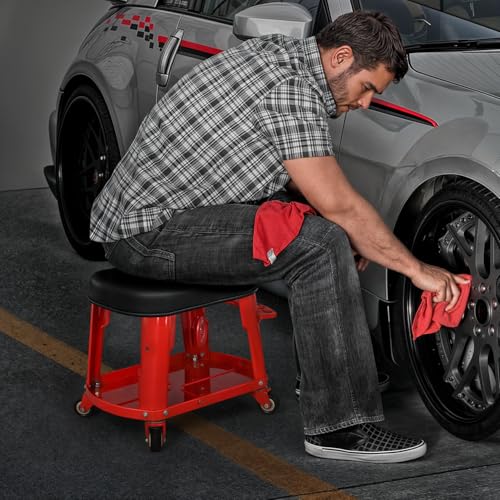 M-AUTO Heavy Duty Garage Rolling Work Seat 300LBS Capacity Mechanics Stool with Wheels, Equipment Tray and Tool Rack, Rectangle Mechanic Roll Chair, Red, (M-AUTO A03-RS-004-RD) - color: Red