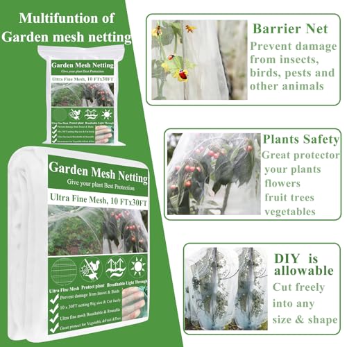 Garden Mesh Netting Kit, 10 * 30FT Ultra Fine Netting Plant Covers with 6 Pcs Wide Garden Hoops & 18 Clip, Garden Netting Kit for Raised Beds Plants Greenhouse Row Cover Barrier Protection Net - size: 10x30FT+ Wide Hoops