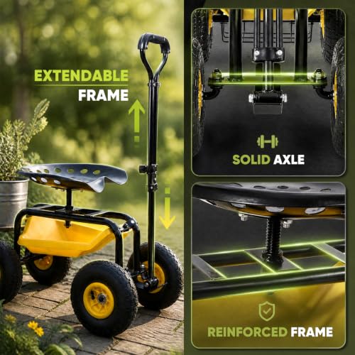 Sekey Rolling Garden Cart, 440 lb, 360° Swivel Adjustable Seat - size: 440LBS