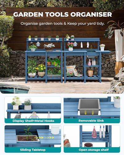 SERWALL Outdoor Potting Bench with Removable Sink,Gardening Table,Blue - color: Blue, size: Classic