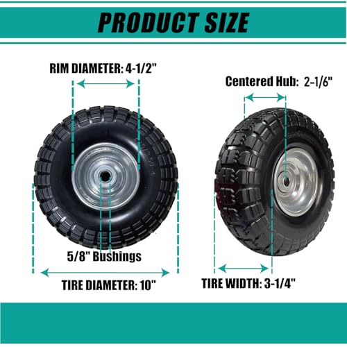 4.10/3.50-4 Solid Tire, 10" Flat-Free Hand Truck Wheels, Replacement for Garden Wagon & Yard Cart with 5/8" Axle, PU Puncture Proof, 2-Pack - size: 10"/3.50-4