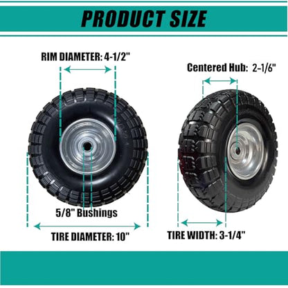 4.10/3.50-4 Solid Tire, 10" Flat-Free Hand Truck Wheels, Replacement for Garden Wagon & Yard Cart with 5/8" Axle, PU Puncture Proof, 2-Pack - size: 10"/3.50-4