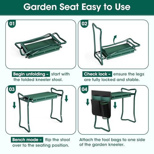 OAOA innovation 2-in-1 Garden Kneeler with Umbrella, Kneeling Bench & Black Umbrella, Portable Stool 330lb Capacity, Garden Tools Bag with Bottle Holder, Gardening Gift for Men Women Seniors - color: Black