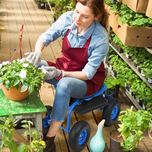 Goplus Garden Seat with Wheels, Rolling Garden Cart with Adjustable 360° Swivel Seat, Tool Tray, Basket for Lawn, Yard, Patio, Heavy Duty Gardening Stool, Outdoor Wagon Scooter for Seniors - color: Blue