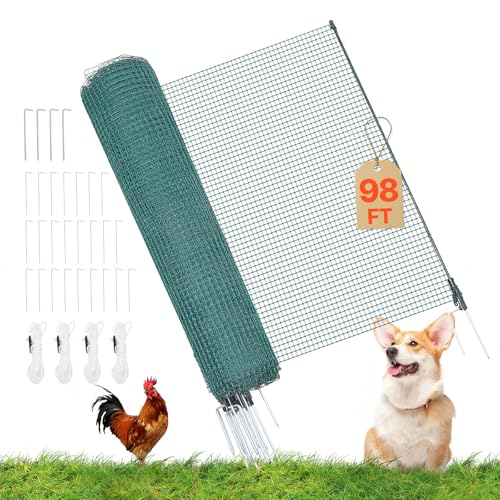 VEVOR Temporary Fence with Posts, 3 x 98.4 FT Plastic Mesh Fencing, Garden Safety Fences Netting with Double-Spike Stakes & Guy Ropes, Temporary Fence for Dogs, Chickens, Plants, Outdoor Yards - size: 36in*98ft