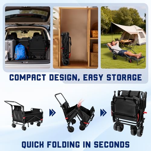 LEVELEVE Heavy Duty Folding Wagon - 2-in-1 Collapsible Cart, All-Terrain Wheels w/Brakes & Side Pockets (Black, 400lb Capacity) - color: Black, size: Medium