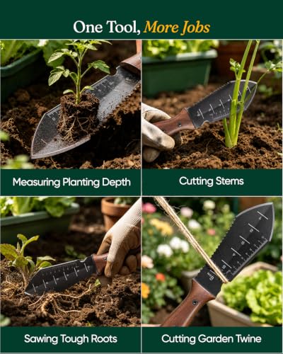 Grenebo Hori Hori Garden Knife, 4mm Thick Extra-Wide Blade Garden Tool - color: Brown