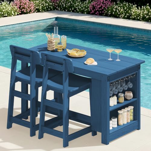 SERWALL 3-Piece Outdoor HDPE Counter-Height Bar Set with 2 Stools, Blue - color: Blue, size: 3 Piece Bar Set