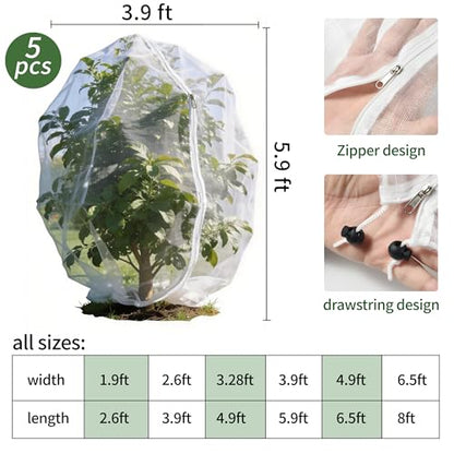 Garden Netting, 5 pcs, 3.9 X 5.9 FT, Featuring Drawstring and Zipper Design, is a Plant Cover and Fruit Tree net Designed to Protect Plants, Fruits, and Flowers from Insects and Birds. - size: 3.9 X 5.9 FT (5 PCS)