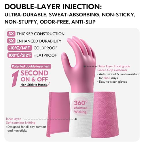 Vgo... Household Cleaning Gloves,Double-layer,Lined Dishwashing Gloves,Long Sleeves for Kitchen,Bathroom Cleaning(TP1117) - color: Pink, size: X-Small(Pack of 1)