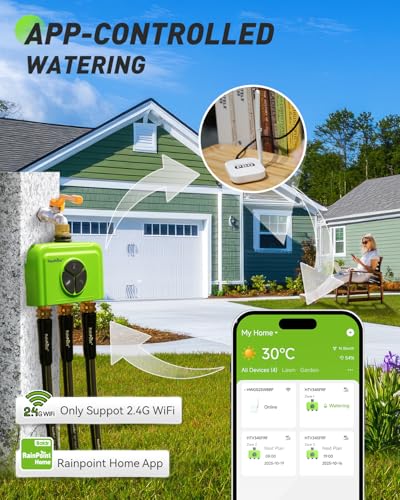 RAINPOINT 3 Zone WiFi Water Timer with Smart Gateway, Brass Inlet/Outlet WiFi Sprinkler Timer, Voice Control, Smart Watering System by Time/Weather/Quantity/Soil Moisture, (Green, 3 Zone) - color: Green