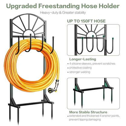 Garden Hose Holder, Upgraded Metal Water Hose Holder with 4 Hooks, Freestanding Heavy Duty Hose Hanger Stand Holds 150 FT Hoses, Detachable Hose Storage Rack for Outside Yard Lawn Farm (Black, Sun) - style: 4 Spikes-Sun