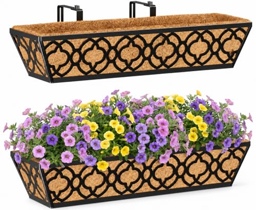 Y&M Window Boxes Horse Trough with Coconut Coir Liner, 24 Inch Window Deck with Coco Liner, Fence Metal Hanging Flower Planter Window Basket Deck Railing Planter Boxes (Flower 24in 2P) - size: Flower 24in 2P