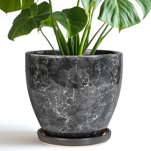 Ceraimc Planter - 8 Inch Plant Pot for Indoor Outdoor Plants, Decorative Round Planters, Flower Pot with Drainage and Saucer, Garden Porch House Room Decor, Plant Lover Gifts, Grey - color: Grey Gemstone, size: 8 Inch