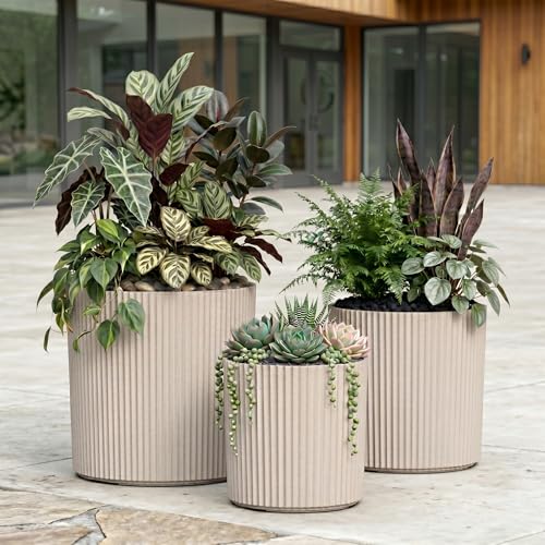 Mayne Haven Round Fluted Modern Planter Set, Chai, 3-Pack - color: Chai, size: 10in, 12in, and 14in