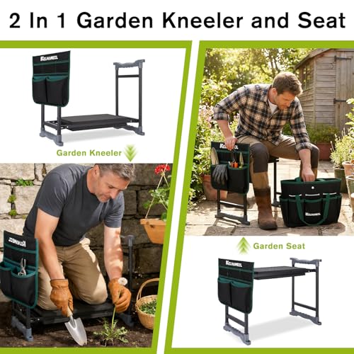 Garden Kneeler and Seat with Umbrella,Heavy Duty Gardening Bench and Stool - color: Beige & Green