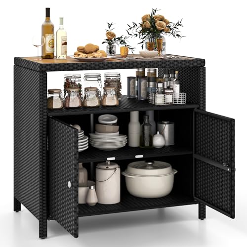 HAPPYGRILL Outdoor Rattan Storage Cabinet, Patio Sideboard Buffet Cabinet with Acacia Wood Countertop, Open Shelf & 2 Door Cabinet, Wicker Storage Organizer for Garden Tools (Black) - color: Black