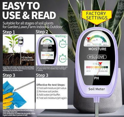 HSLGOVE Soil Test Kit, 2-in-1 Soil Moisture Meter/Soil PH Meter, Dual Screen Soil Tester, Soil Moisture Meter for Plants Watering/Gardening for Lawn,Farm Indoor&Outdoor Use-Deep Purple