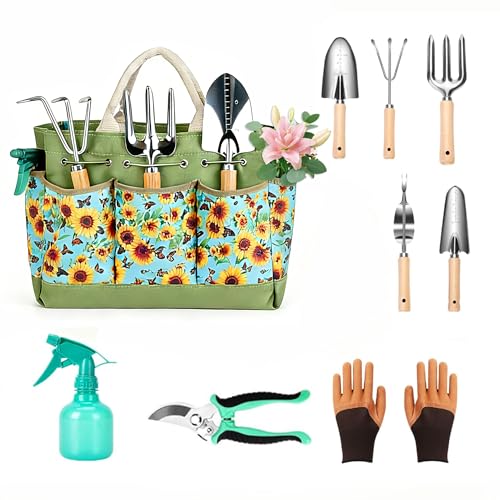 Garden Tool Set, 9 Pcs Heavy Duty Stainless Steel Gardening Hand Tool, Yellow Garden Tool Bag Kit, Gardening Supplies Gifts for Women Men Mom Dad Gardener Beginner - color: Green-White Flower