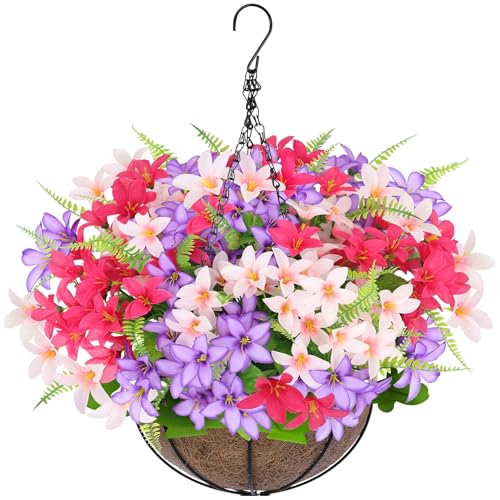 Artificial Faux Hanging Plants Flowers Basket for Outdoors Spring Summer Decoration, Hanging Planters with Fake Silk Hyacinth Flower UV Resistant for Outside Porch Patio Balcony Garden Purple Fuchsia - color: Hyacinth Fuchsia Mix