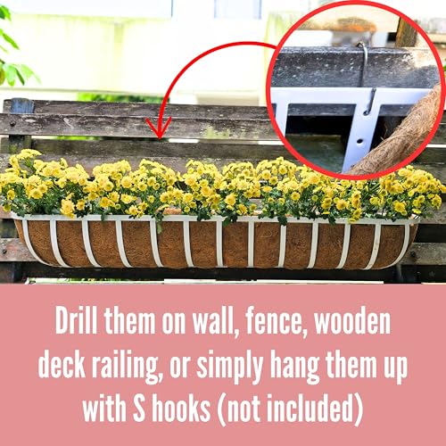 LaLaGreen Window Planter Boxes (48 Inch, 2 Pack) Deck Railing Flower Box with Coco Liner, White Metal Rectangular Wall Planters for Outdoor Plants Fence Balcony Horse Trough Garden Herb Patio Porch - size: 48 Inch (2 Pack)
