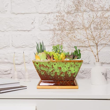 ARTKETTY Succulent Pots - 7 Inch Large Plant Pots with Drainage Tray - color: Green With Tray